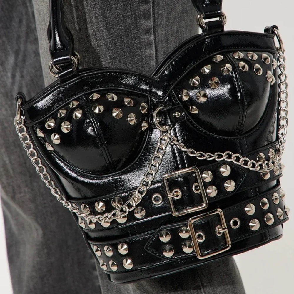 Fashion Nova Heart Throb Black Studded Corset Chain-Accent Shoulder Bag w/ Chain - Picture 4 of 13